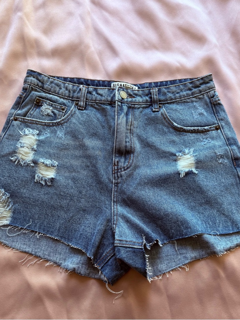 Signature Distressed Medium Blue Denim Cutoff Shorts